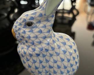 Herend Hungary Hand-Painted Blue Fishnet Rabbit Sitting Bunny