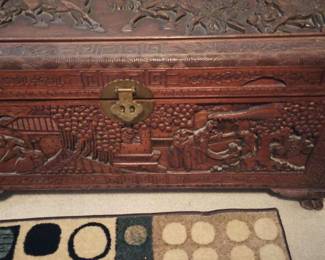 Bullock's  Carved Wood Chinese Blanket Chest "General Chang Fee Retreating General Ma Chao"