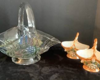 Vintage Fused Color Glass Antique Orange Lusterware Baskets