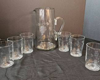 Etched Pitcher 6 Matching Glasses 