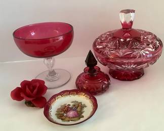 Czech Bohemian Cranberry Dish, Vintage Boston Cabochon More