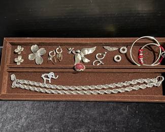 Silver Toned Costume Jewelry, some Sterling Tray