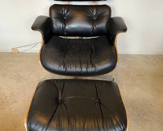 Black Leather Eames Style Chair and Otterman
