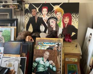 Large art piece-Grace Jones, Annie Lenox, Cyndi Lauper, Boy George, David Bowie as Ziggy Stardust, also other art