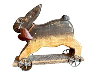 Signed Folk Art Rabbit Wooden Pull Toy