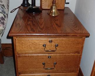 OAK 3 DRAWER SIDE TABLE - CANDLE STICK PHONE - WALL PHONE - BRASS BELL