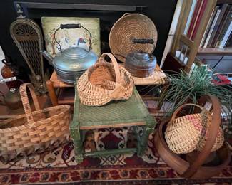 brass fan fire screen, hand made baskets, primitive stool, tea kettles