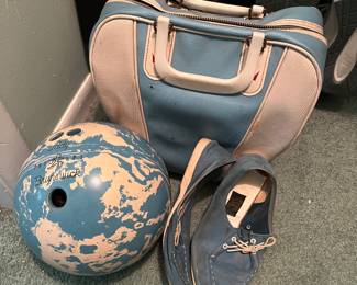 Vintage bowling ball, shoes and bag