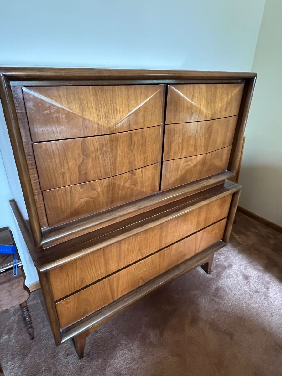 Matching United Furniture MCM diamond front walnut tallboy!