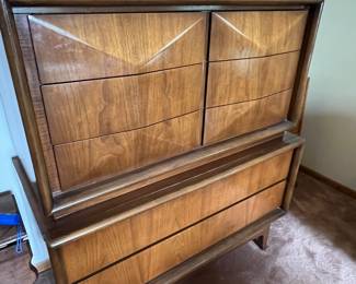 Matching United Furniture MCM diamond front walnut tallboy!