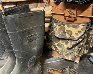 Assorted Camo Hunting Waders, Caps, Boots