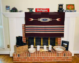 Navajo blanket, antique ammunitions box, antique coca cola sign, antique Dr. Pepper sign and more