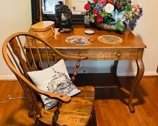 antique oak library table , Windsor chair