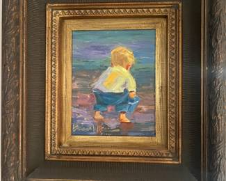 Signed art painting  / child stands near the water’s edge, 