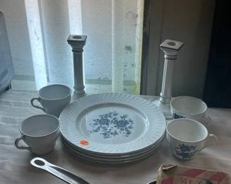 LOT OF ROYAL BLUE PLATES , MUGS AND CANDLE HOLDERS