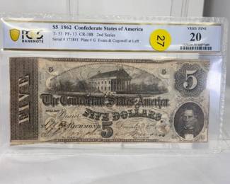 FIVE DOLLAR 1862 CONFEDERATE STATES OF AMERICA BILL