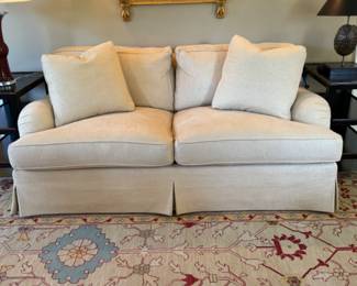 Custom two cushion sofa in Italian linen  $1500                                               29"h x 70" long x 39"d   seat height 20"