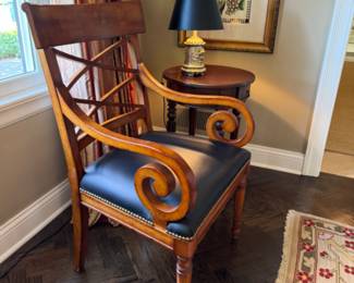 Regency-style leather armchair                                                            38"h x 32"w x 24.5"d
