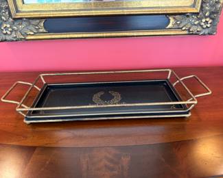 decorative black metal tray with gilt highlights                            22" w x 8" d