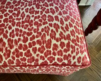 Custom ottoman in  red Clarence House leopard print       17"h x 36"w x 23"d