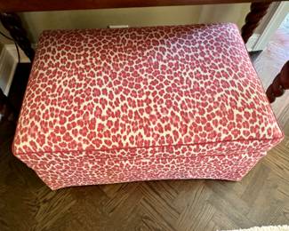Custom ottoman in  red Clarence House leopard print       17"h x 36"w x 23"d