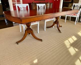 Walter E. Smithe banded inlay double pedestal dining table $950    30.5"h x 44"w x 88" long                                   plus two 20" leaves (one leaf has worn spot)