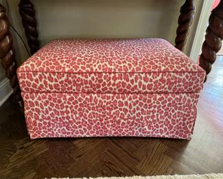 Custom ottoman in  red Clarence House leopard print     17"h x 36"w x 23"d
