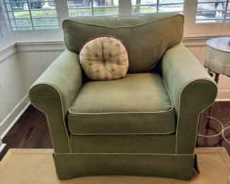Green upholstered lounge chair $200                                            34"h x 37"w x 34"d  seat height 19"