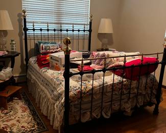Brass & Powdered Coated Bed, Quilts, Victorian End Tables