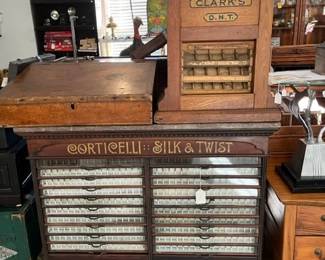 Antique Spool Cabinets & Wall Mount Plantation Desk