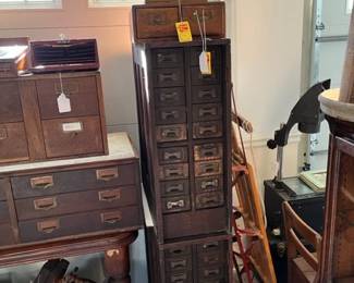 Antique Oak Parts Cabinet With Metal Drawers