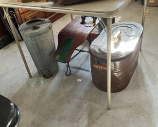 Antique Copper Boiler, Shoe Store Stool & Fire Extinguisher Case