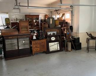 Antique Spool Cabinets and Wash Stand - antique Mirror & Art Deco Small Table