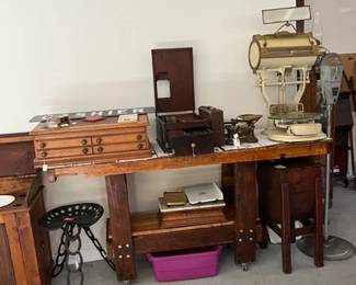 Antique Carpenter Work Bench/Kitchen Island Spool Cabinet, Scales, European Till, Tractor Seat Stool, Buitter Churn