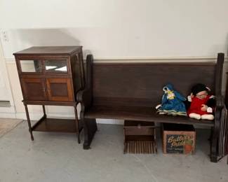 Antique English Display Case & Antique Church Pew