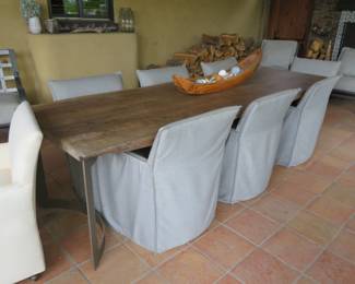 HEAVY solid outdoor dining table and chairs -This table top is one solid piece of wood.  Chairs are by Lee Industries.