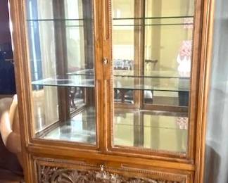 SALE  $ 295 !!!   BUY NOW   Stunning 2 door Glass Mirrored Back Vitrene with 2 Glass Shelves and a Wonderful Surprise Drop Front on Bottom to Give Added Storage  Lots Of Beautiful Carving Very Unique !     18" deep x  
 41" wide x 72" Tall    $595!    50% off