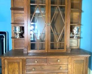 SOLD. 50%   OFF   PRICES   BUY   NOW    Beautiful Antique  Grand Oak Buffet Breakfront                 2 pieces   96" tall (8 ft)   74 1/2" wide  20" deep 2 glass shelves  Wonderful Graceful Carving     $1494