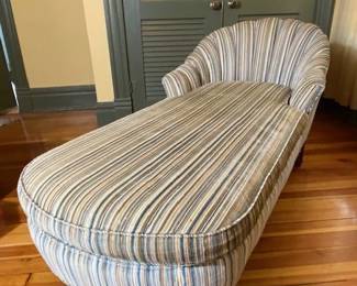 SOLD. 50% OFF PRICES BUY NOW   Chaise lounge  Ribbed Velvet -blue-ivory-chestnut brown    Very Sturdy Comfy   --Great for us Antique Dealers !  30" Tall x 69" long x 31" wide  $145  