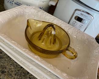 Amber Glass Juicer Reamer, Set of 3 White Ceramic Rectangular Raised Leaf Patterned Serving Dish