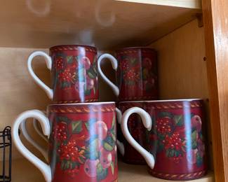Set of 7 Raymond Waites Ceramic Coffee Mugs with Cornucopia Fruit Garland Pattern