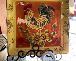 Maxcera Square Hand Painted Rooster Dinner Plate
