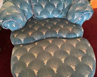 Blue/White Patterned Upholstery Curved Armchair with Clamshell Back
