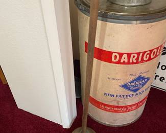 Darigold Milk Can Barrel, 1955 Coca-Cola Min Keg - Cairo Ill Bottling, Antique Copper Clothing Washing Plunger