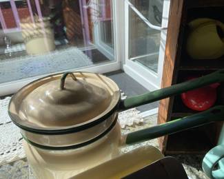 Beige & Green Enamel Double Boiler

