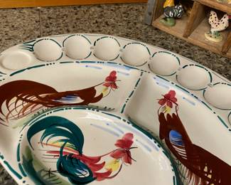 Hand Painted Art Pottery NSP Roosters Deviled Egg Platter - Made in Italy