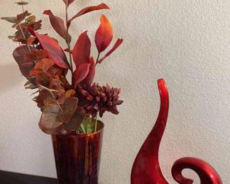Red Vase With Floral And Red Abstract Decor 