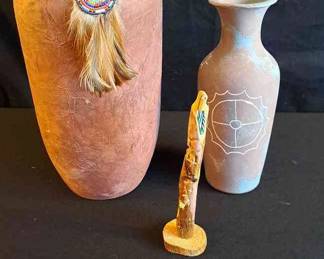 Carved Kachina And Pottery 