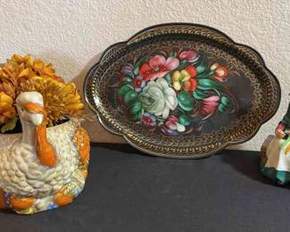 Ceramic Turkey And Old Woman, Floral Metal Tray