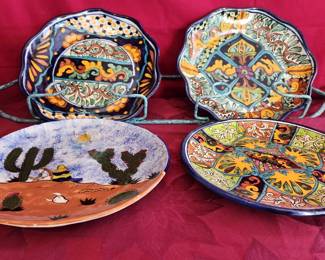 Four Hand Painted Mexican Art Plates One 2plate Stand